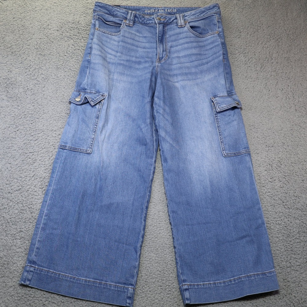 American Eagle Outfitters Women's Wide Leg Cargo Jeans - Light Blue